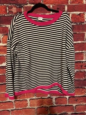 Othr Black and White Striped Crewneck Sweater with Pink Trim